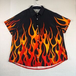 Mens XXL Flame Print Short Sleeve Button Down Shirt Black Orange Red Y2K Retro